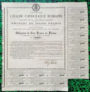 USA - Diocèse Nouvelle Orléans - Rare Emprunt Corporation Eglise Catholique 1876 - Bild 1 von 2