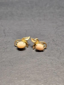 Vintage 14kt Yellow Gold and Angel skin Coral pierced Earrings - Picture 1 of 5