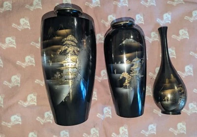 Vintage 3 Vase Asian Antiques, Metal Ware, Palace & Boat, Brass & Silver Japan - Image 1 of 4