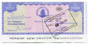  Zimbabwe Dollar Travellers Cheque $10 000 P17 Cutting Error extended border - Picture 1 of 2