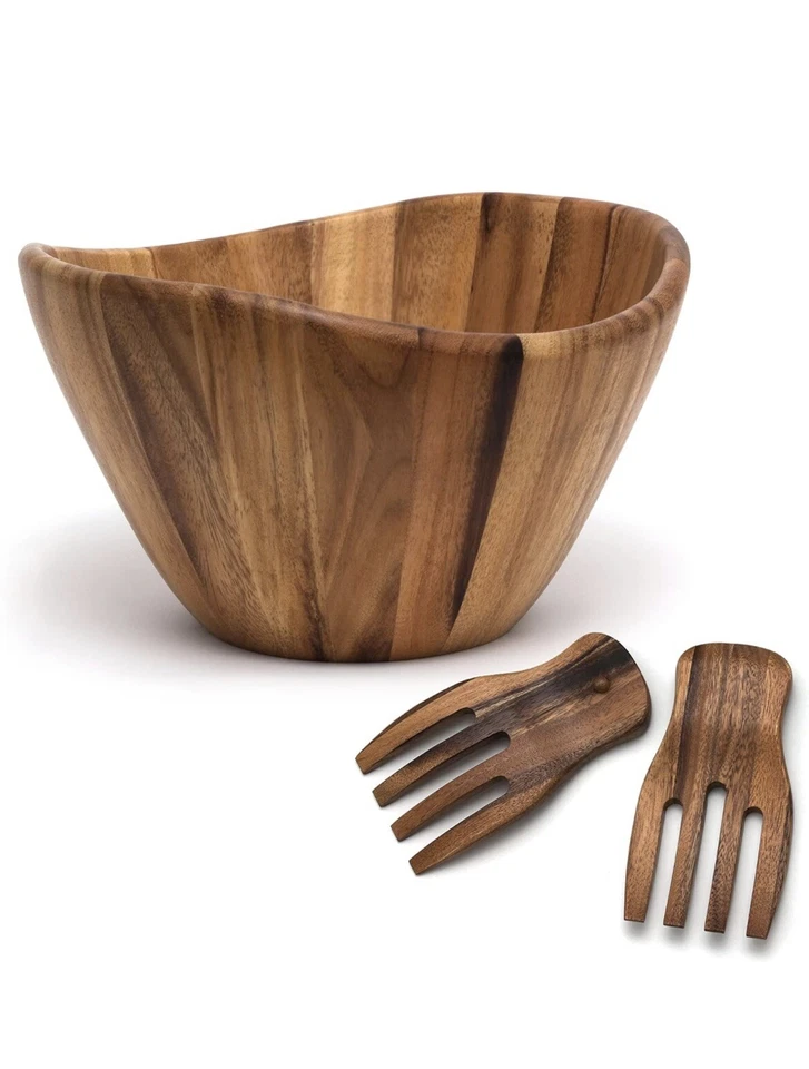 Lipper International Acacia Wave Bowl with Salad Hands - Image 1 of 1