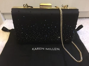 KAREN MILLEN BLACK SATIN SCATTERED RHINESTONE BOX CLUTCH SHOULDER BAG BNWT - Picture 1 of 12