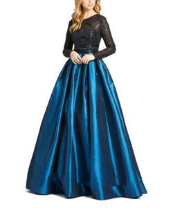 NUEVO MAC DUGGAL Azul Azulado Negro Cuentas Lentejuelas Falda Tafetán Talla 4 - Imagen 1 de 3