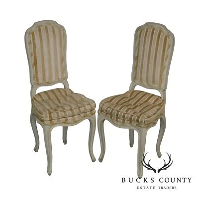 French Louis XV Style Vintage Painted Pair Petite Slipper Side Chairs - Image 1 of 4