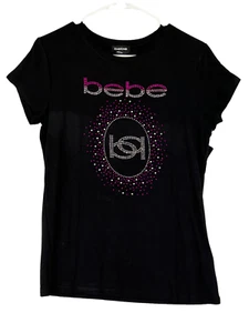 bebe Women Teen Size L Top Black Logo In Purple Pink Clear Gems - Picture 1 of 11