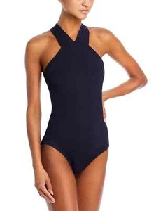 Shoshanna X5542 Plisse High Neck Textured One Piece Swimsuit, Black, 8 - Picture 1 of 5