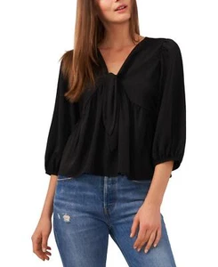 riley & Rae Women's Tie-Front Puff-Shoulder V-Neck Blouse 2322008 S - Picture 1 of 2