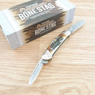 Navaja de Bolsillo Rough Ryder Canoa Damasco Hojas de Acero Canela Ciervo Hueso Mango Foto 1 de 4