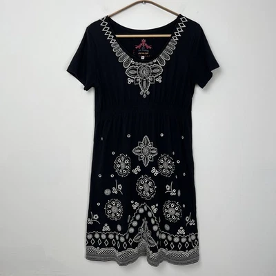 Vestido Johnny Was Talla Pequeña Bordado Floral Túnica Manga Corta Algodón Negro Foto 1 de 4