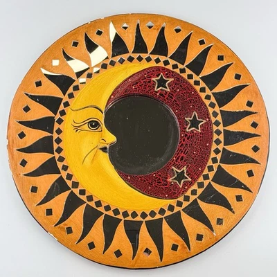 "Espejo de pared vintage raro Whimsigoth Sun Moon madera boho decoración celestial 12""" Foto 1 de 4