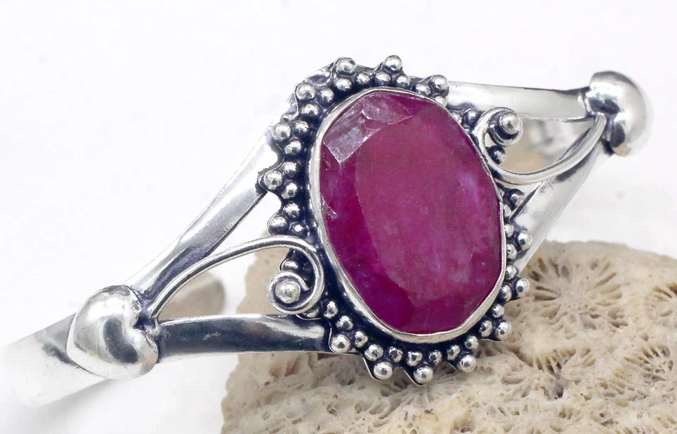 925 Sterling Silver Pink Ruby Gemstone Handmade Jewelry Cuff Bracelet Size-ADJ - Image 1 of 4