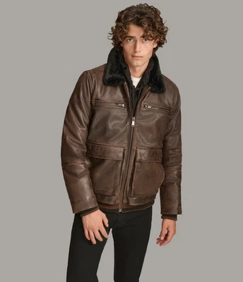 Men's Brown Faux Shearling Leather Aviator Jacket For Classic Winter Coat - Image 1 of 4