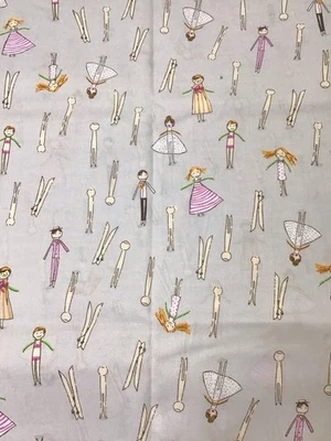 Heather Ross Crafty Chloe Clothespin People OOP  1 YD Gray Background - Image 1 of 4