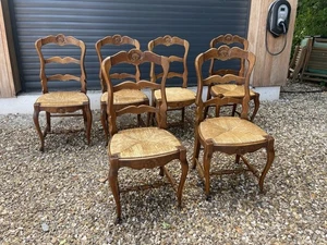 6 French Country Provencal Solid Walnut Rush Seat Dining Chairs 1910s M4936A - Picture 1 of 18