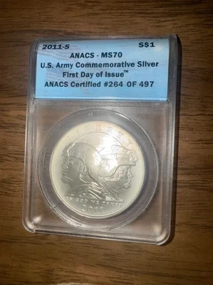 2011-S US Army Commemorative Silver Dollar MS70 ANACS 1st Day of Issue Veterans - Image 1 of 2