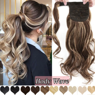 Wrap Around Ponytail Clip In Remy Human Hair Extensions Hairpiece Pony Tail Wavy - Image 1 of 4