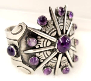 William Spratling Taxco Sol Sunburst Amethyst & Sterling Cuff Bracelet 101gr - Picture 1 of 14