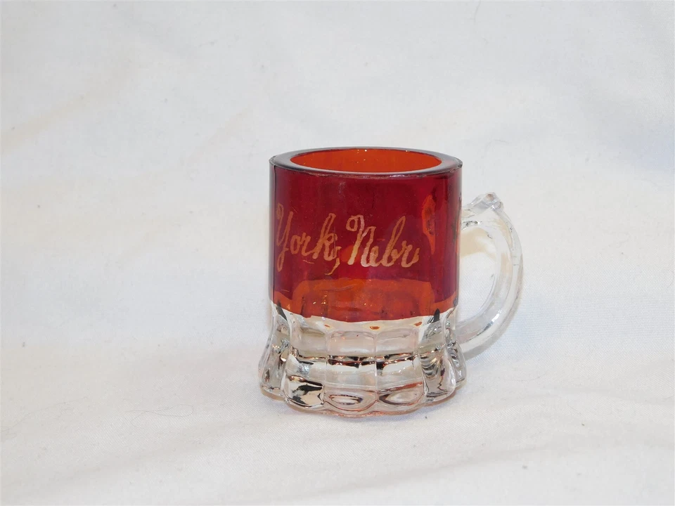 Antique Ruby Stained EAPG Glass Toothpick Holder Shot Glass YORK NEBR SOUVENIR - Image 1 of 4