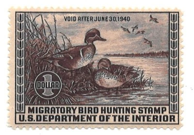 SCOTT #RW-6, $1 CHOCOLATE, VOID AFTER JUNE 30, 1940, MOG-H, FINE, CAT $100 - Image 1 of 2