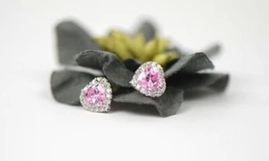 14K White Gold Halo Heart CZ Stud Earrings Screw Back - Picture 1 of 12