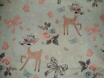 Bambi Baumwollstoff Rehe u Blumen, Schleifen, türkis, Breite 160 cm ab 50 cm  - Bild 1 von 4