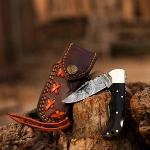 Damascus Steel Folding Knife, Handmade Damascus Pocket Knife, Groomsman Gift, An - Picture 1 of 6