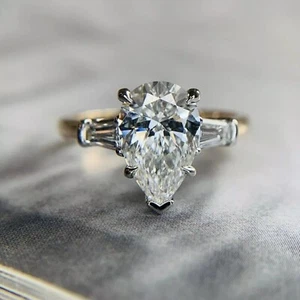 4.00 CT Pear Cut Moissanite Three Stone Engagement Ring Solid 14K Yellow Gold - Picture 1 of 6