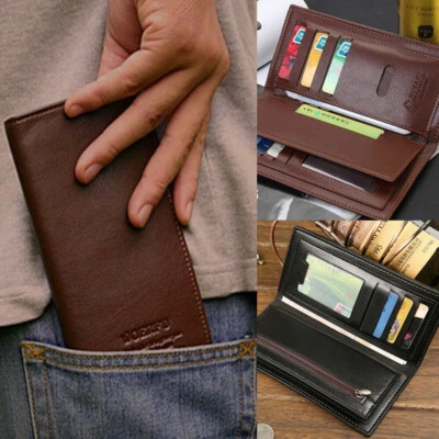 Cartera de cuero plegable para hombre con tarjetero de identificación cartera larga bolso de mano chequera Foto 1 de 4