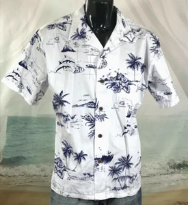 PALMWAVE Button Up SHIRT XL Hawaiian Islands Map White Cotton Beach Fish Flowers - Picture 1 of 8