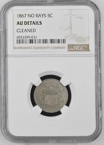 1867 *No Rays* SHIELD Nickel Certified (NGC AU Details Cleaned) 5C US Mint Coin - Picture 1 of 2