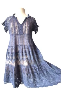 SUNDANCE Dress Sz P S Blue Sweep of Lace Tiered Boho Peasant Lined Cottagecore - Picture 1 of 16