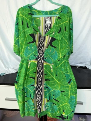 Yoana Baraschi Sz Med 100% Silk Tropical leaf green monstera dress Boho Tribal - Image 1 of 4