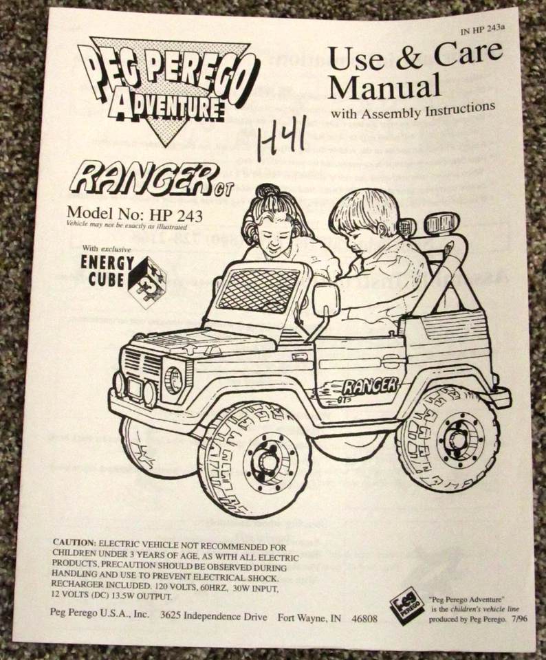 Peg Perego Adventure Ranger GT HP243 Use & Care Owners Manual 7/96 - Image 1 of 1