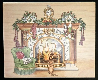 Stamps Happen Rubber Stamp Christmas Scene Victorian Fireplace Stockings Garland - Image 1 of 2