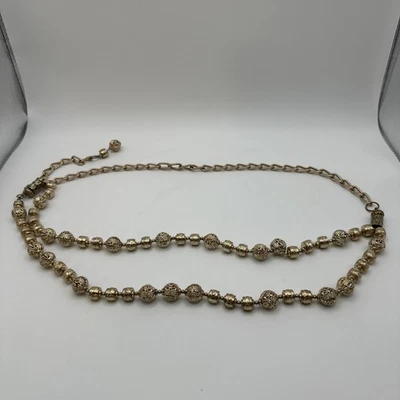 Vtg Gold Toned Beaded Belt Chain Ornate Double Strand Adj EUC - Image 1 of 4