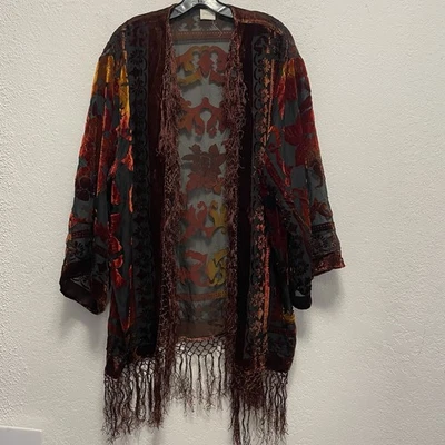 Plumero Kimono CHICOS Burnout Terciopelo Flecos Boho Naranja Otoño Floral Oscuro Romance Foto 1 de 4