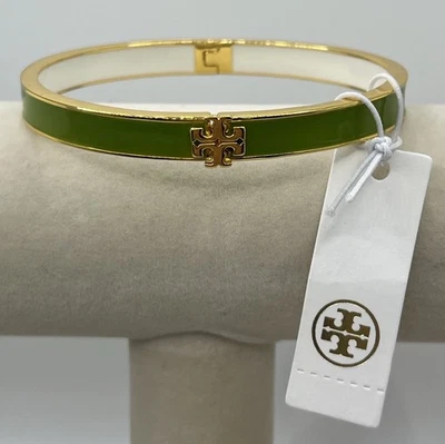 Tory Burch Green White and Gold Enamel Kira Hinged Bangle Bracelet 7mm NWT - Image 1 of 3