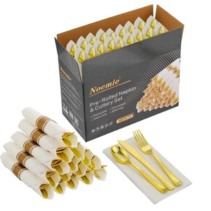 Noemie 100er Pack Vorgerollt Gold Hartplastik Silberbesteck Set, Verpackt Einweg... - Bild 1 von 7