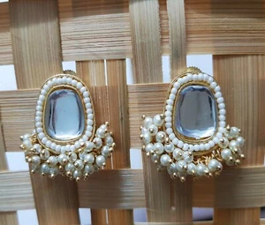 Indian Kundan White Earrings With Pearl Beads Wedding Party Wear Women Jewellery - Picture 1 of 4