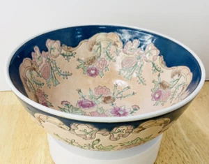 VTG WEBI Decorative Floral Asian Style Pedestal Bowl Blush & Navy Made in China - Picture 1 of 12