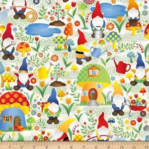 Gnome Worry Be Happy Woodland Gnomes & Mushroom Houses White Cotton Fabric 1/2YD - Picture 1 of 3