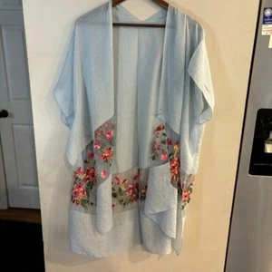 Women's Light Blue Floral Embroidered Open Front Long Kimono Duster Cardigan NEW - Picture 1 of 4