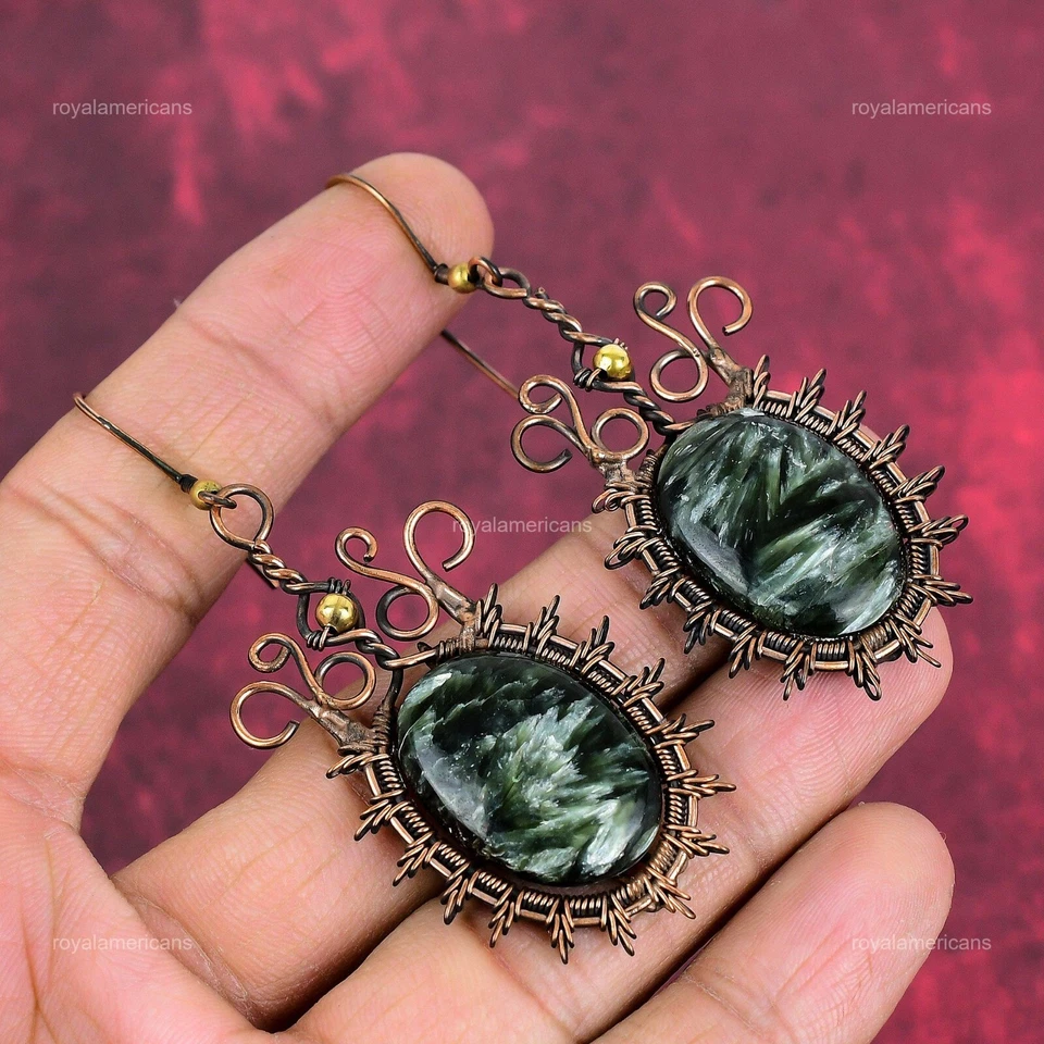 Venta Día de la Madre Serafinita Natural Cobre Gota Alambre Envuelto Pendientes Joyería Foto 1 de 4