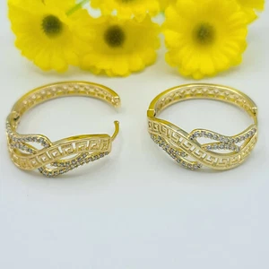 Women's 14k Gold Plated Luxury Elegant Greek Hoop Earring w crystals - Picture 1 of 6