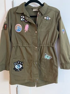 Military Jacket Coat Girls Large 14 Army Green Patches Embroidery Miki Miette - Picture 1 of 9