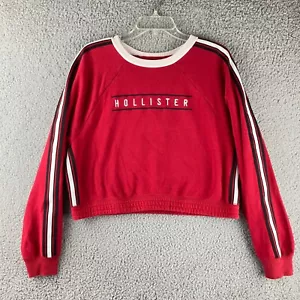Hollister Cropped Sweatshirt Size M Front Embroidered Logo Womens Red Striped - Picture 1 of 12