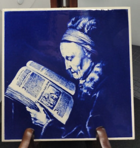 Old Woman Reading a Lectionary - Blue Delft Tile - Painted in Holland 6 x 6