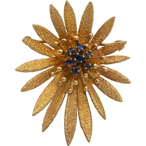 Vintage Estate 14k Yellow Gold 0.30CT Sapphire Flower Brooch Pin - Picture 1 of 4