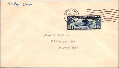 Scott C10 10 Cents Lindbergh  FDC Little Falls, MINN Typed Address SCV $35.00 - Image 1 of 2