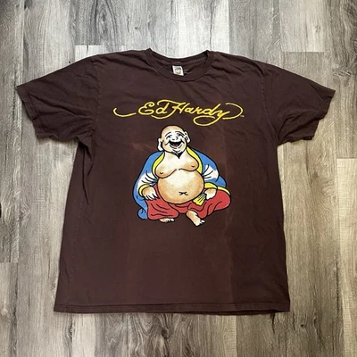 Ed Hardy Nordstrom Rail Vintage Graphic Y2K Brown Buddha T Shirt Size XXL 2XL - Image 1 of 4